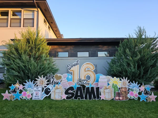 An image of a yard sign with a big number 16, the phrase "Happy Birthday Sami" and other graphics around it.