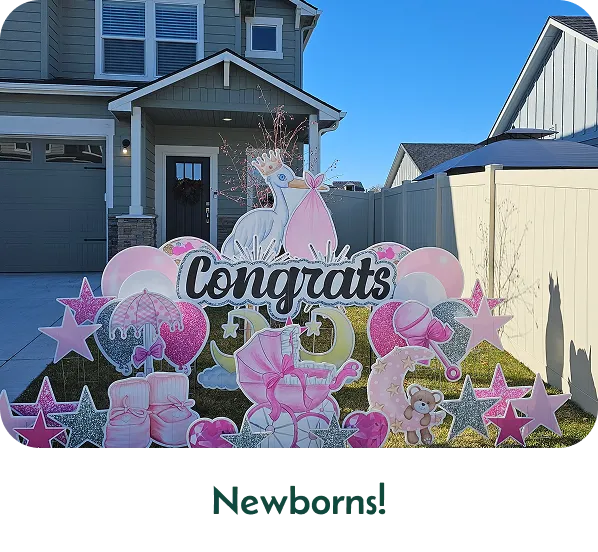 An image of a yard sign that says "Congrats" with a stork and other graphics around it. Text below the image says "Newborns!"